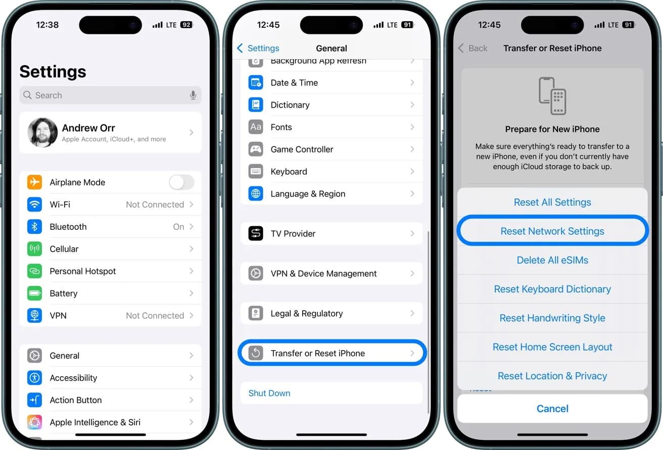 سه صفحه نمایش آیفون در بخش تنظیمات که گزینه‌های مربوط به Reset Network Settings را نمایش می‌دهند
