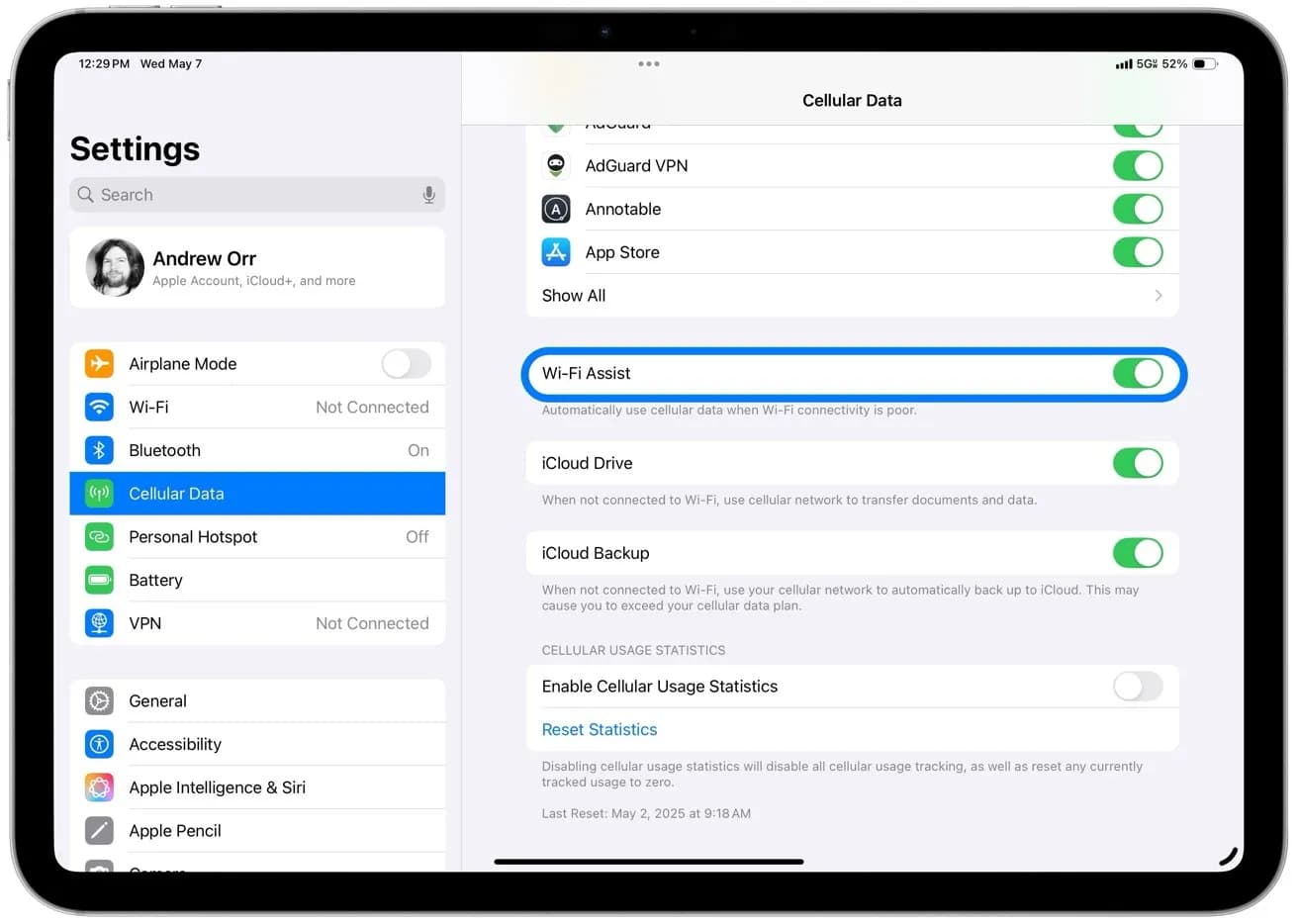 صفحه تنظیمات آیپد که گزینه Wi-Fi Assist را نشان می‌دهد