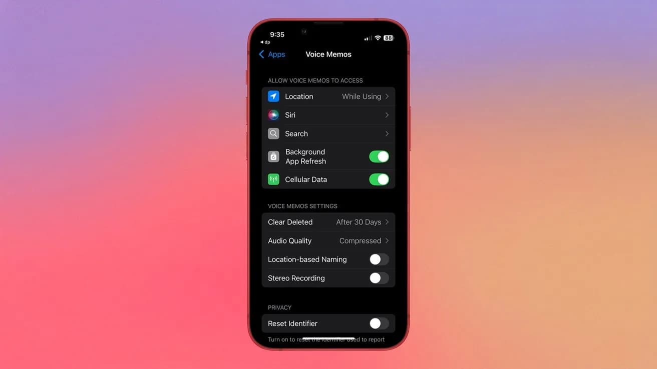 صفحه تنظیمات Voice Memos روی تلفن همراه - گزینه موقعیت جغرافیایی روشن و خاموش