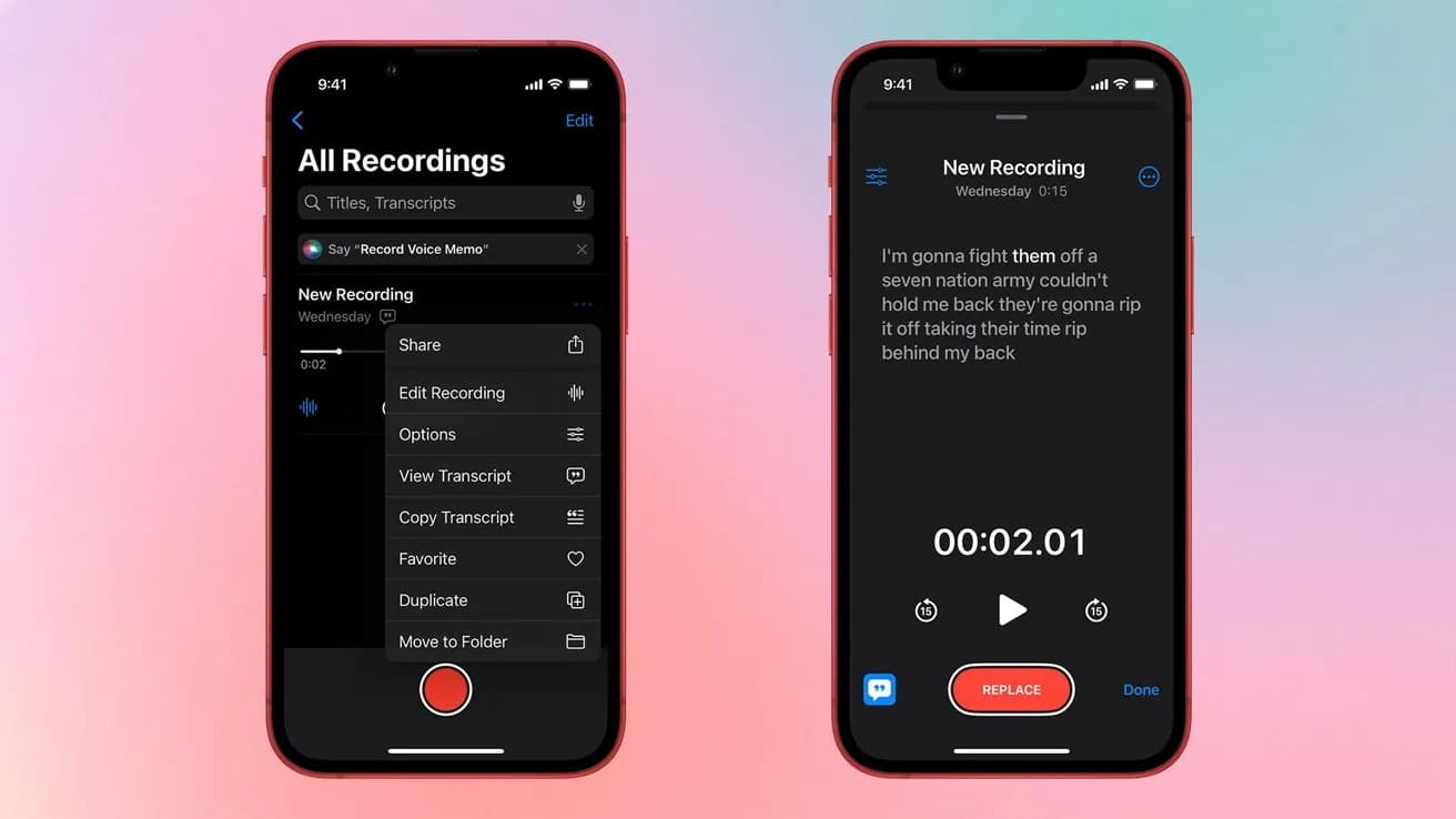 دو تلفن همراه در حال نمایش لیست ضبط‌ها و پنجره ویرایش و متن‌نویسی در Voice Memos