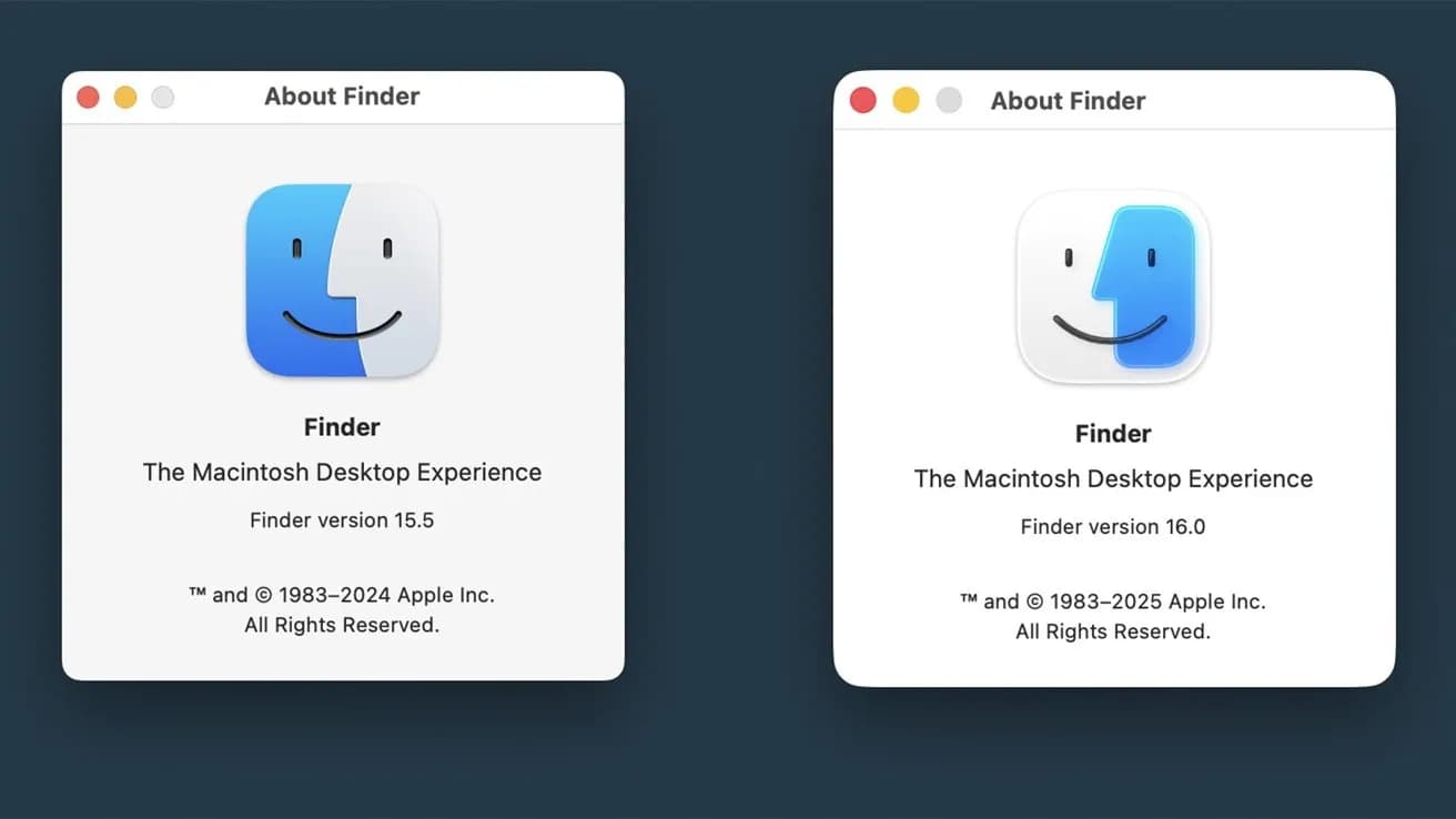 دو نسخه آیکون Finder در کنار هم، نشان دهنده نسخه‌های 15.5 و 16.0 با لوگو و جزئیات بهره‌برداری.