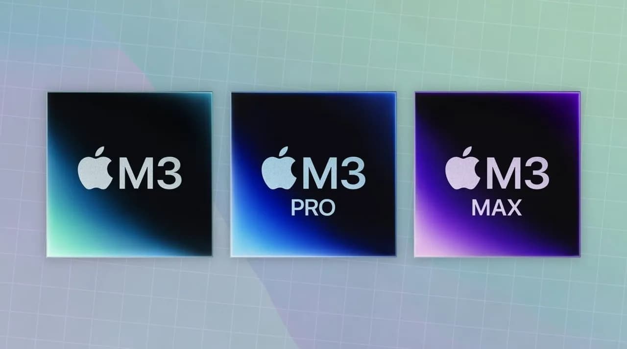 سه تراشه M3 شامل M3 استاندارد، M3 Pro و M3 Max در پشت زمینه گرادیانت
