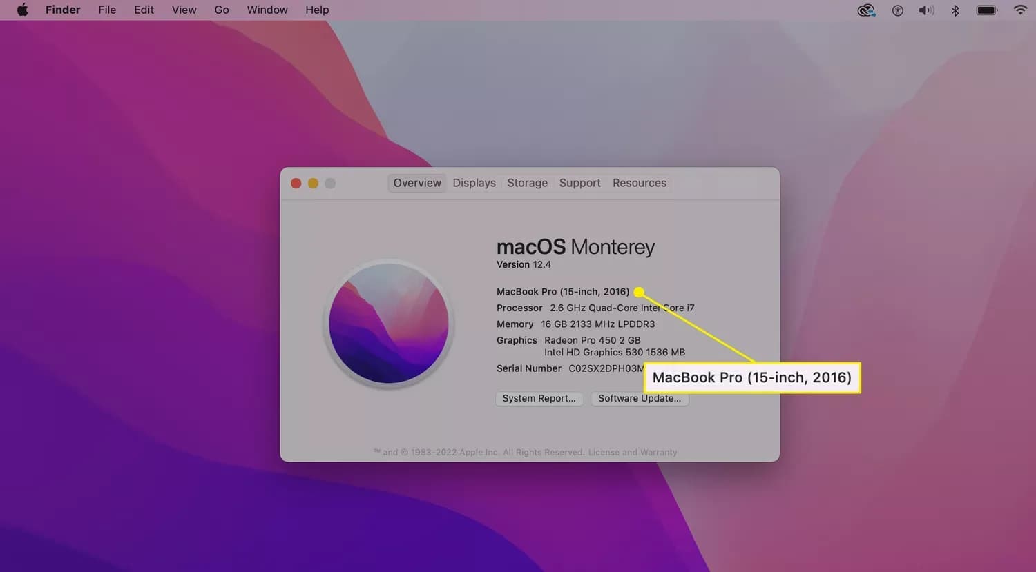 مشخصات مدل مک‌بوک در بخش About This Mac