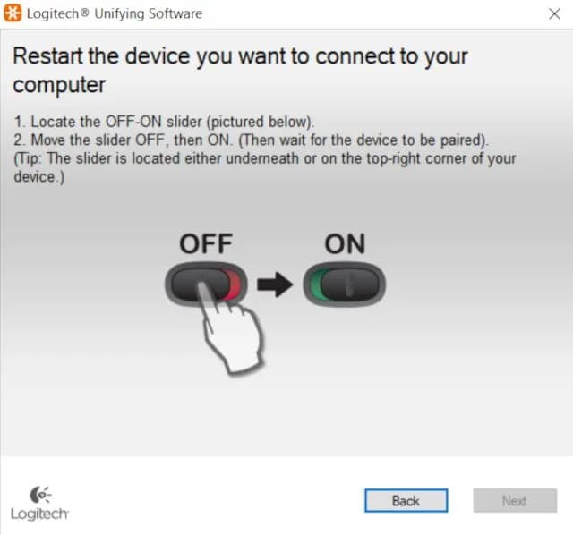 تصویری از نرم‌افزار Logitech Unifying در حال اتصال ماوس بی‌سیم