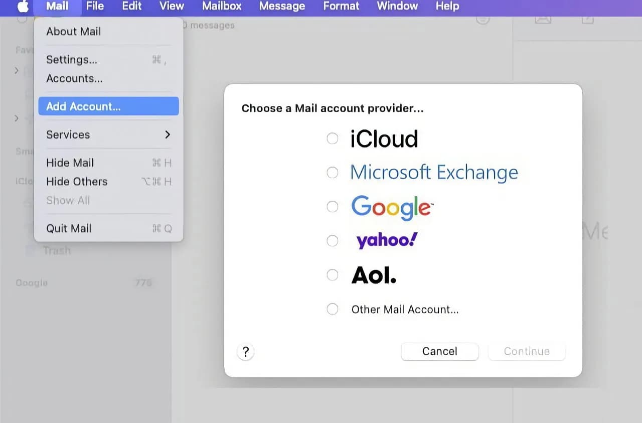 صفحه افزودن حساب در اپ Mail مک