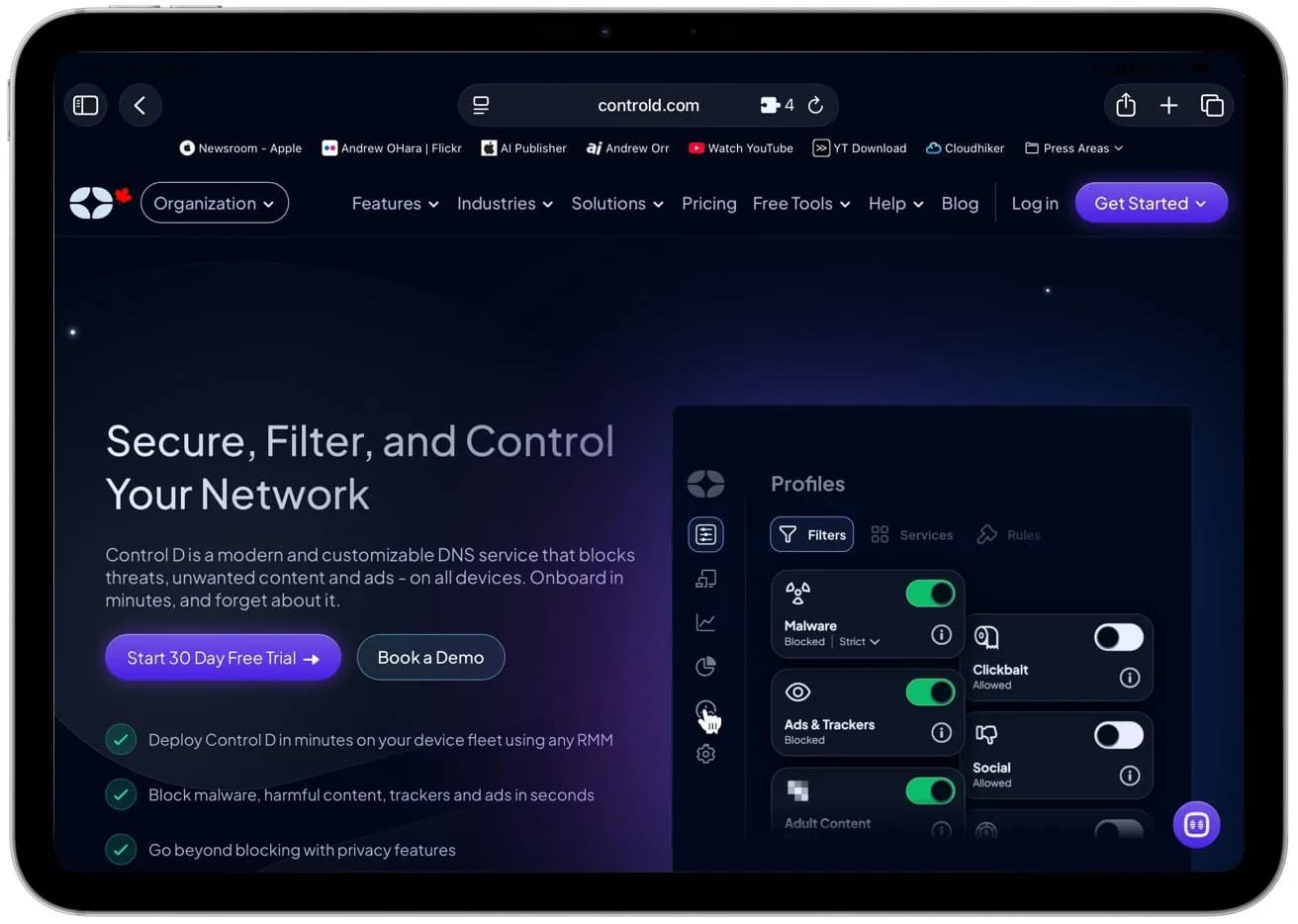 صفحه نمایش تبلت با وب‌سایت DNS قابل تنظیم برای امنیت و کنترل شبکه