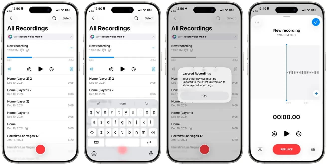رابط چند صفحه‌ای اپ Voice Memos با گزینه‌های ضبط و به‌روزرسانی