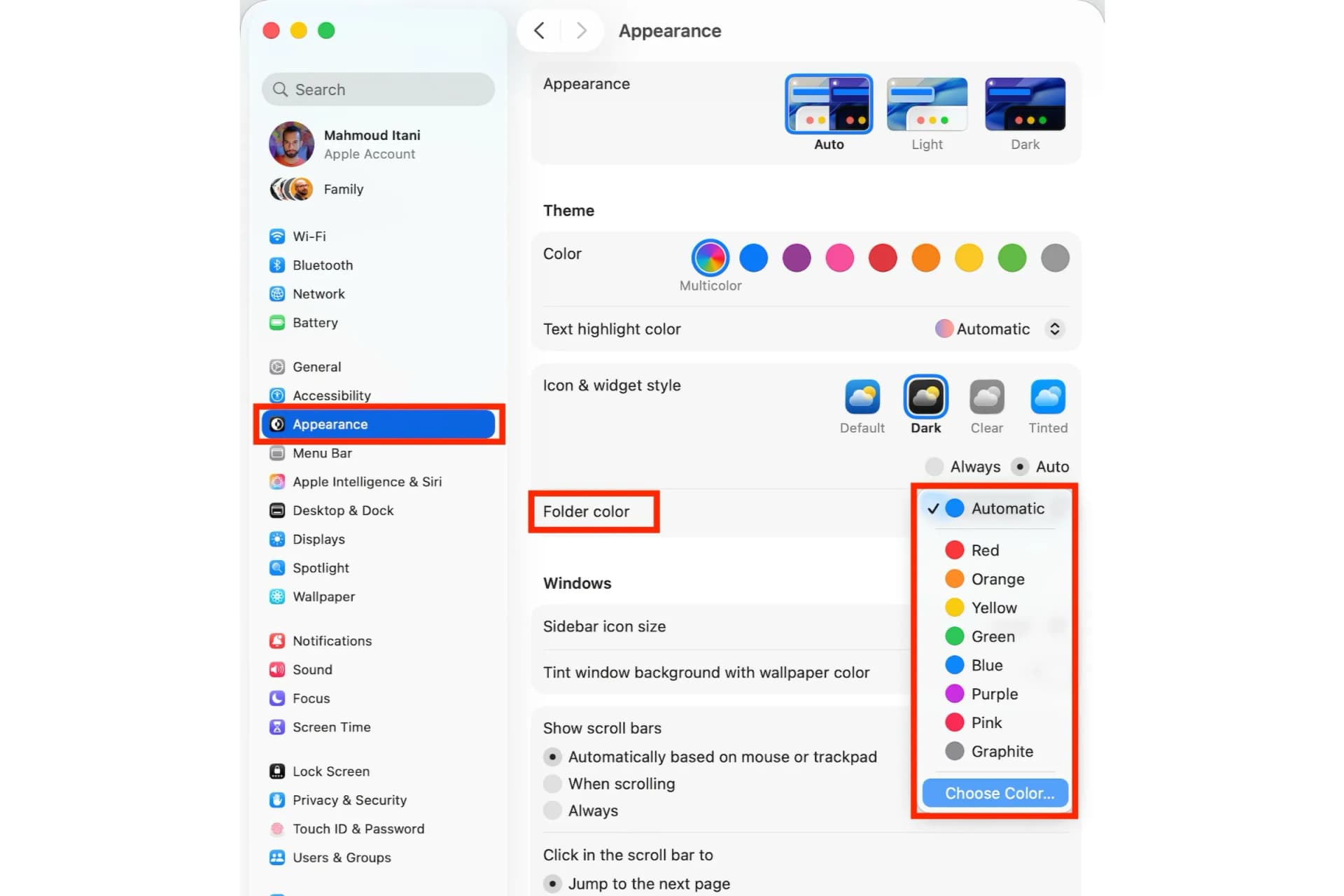 تنظیم رنگ پیش فرض پوشه‌ها در macOS Tahoe