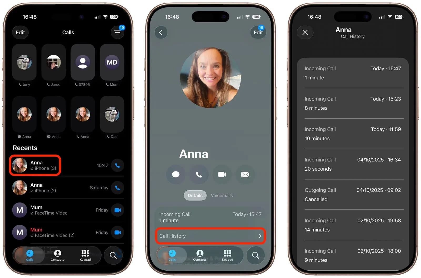 تاریخچه تماس آیفون در اپلیکیشن Phone