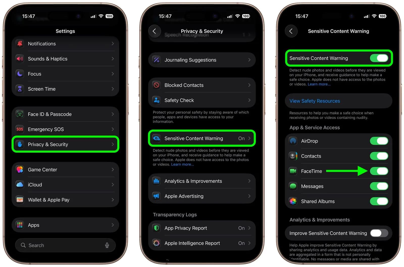 تنظیمات هشدار محتوای حساس در iOS