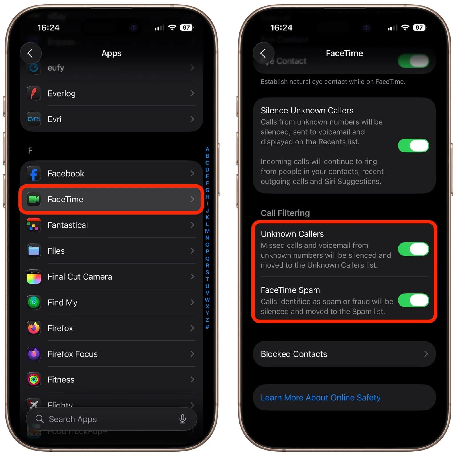 تنظیمات فیلتر تماس در FaceTime