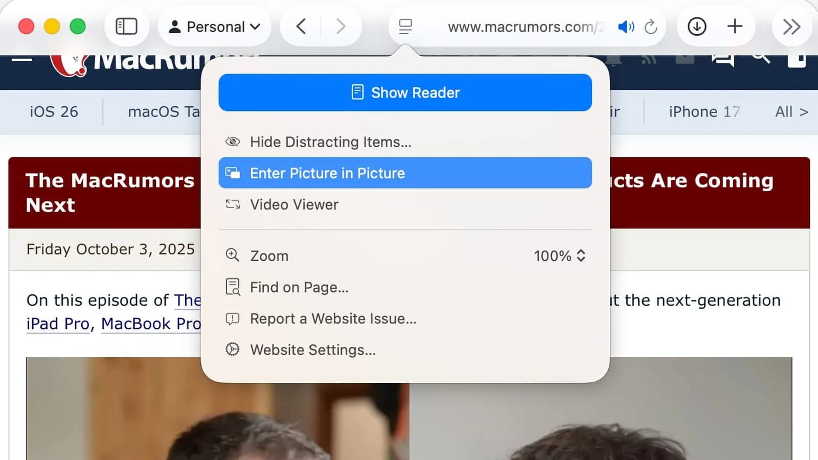 قابلیت تصویر در تصویر در Safari macOS Tahoe
