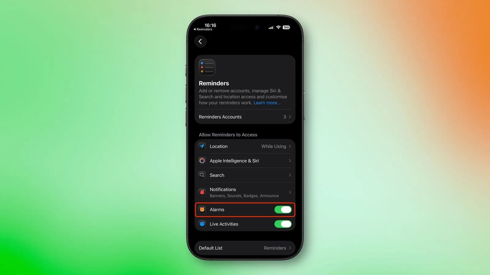 تنظیمات دسترسی برنامه یادآورها به آلارم در iOS