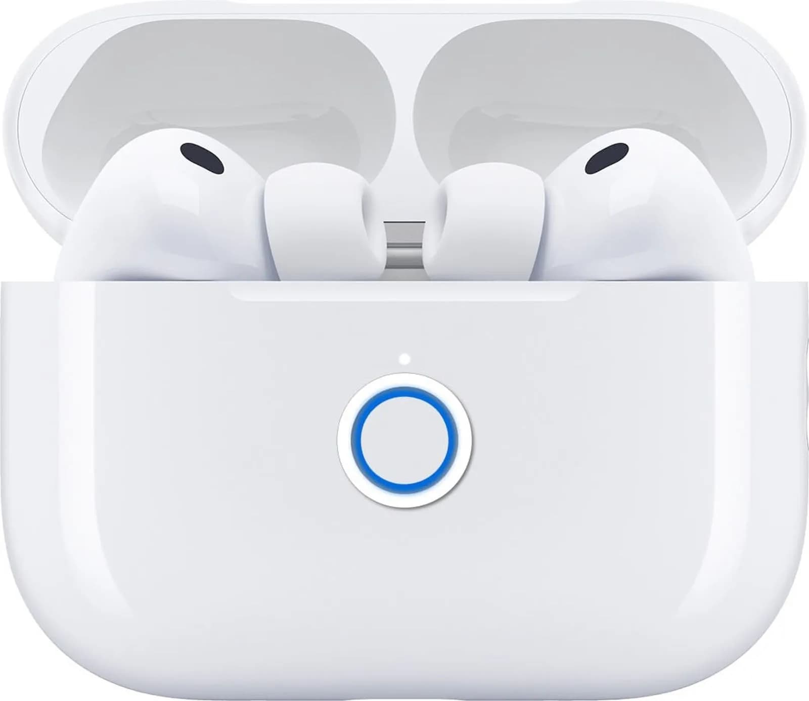دو بار ضربه به جلوی کیس AirPods Pro 3، نشانگر وضعیت سفید