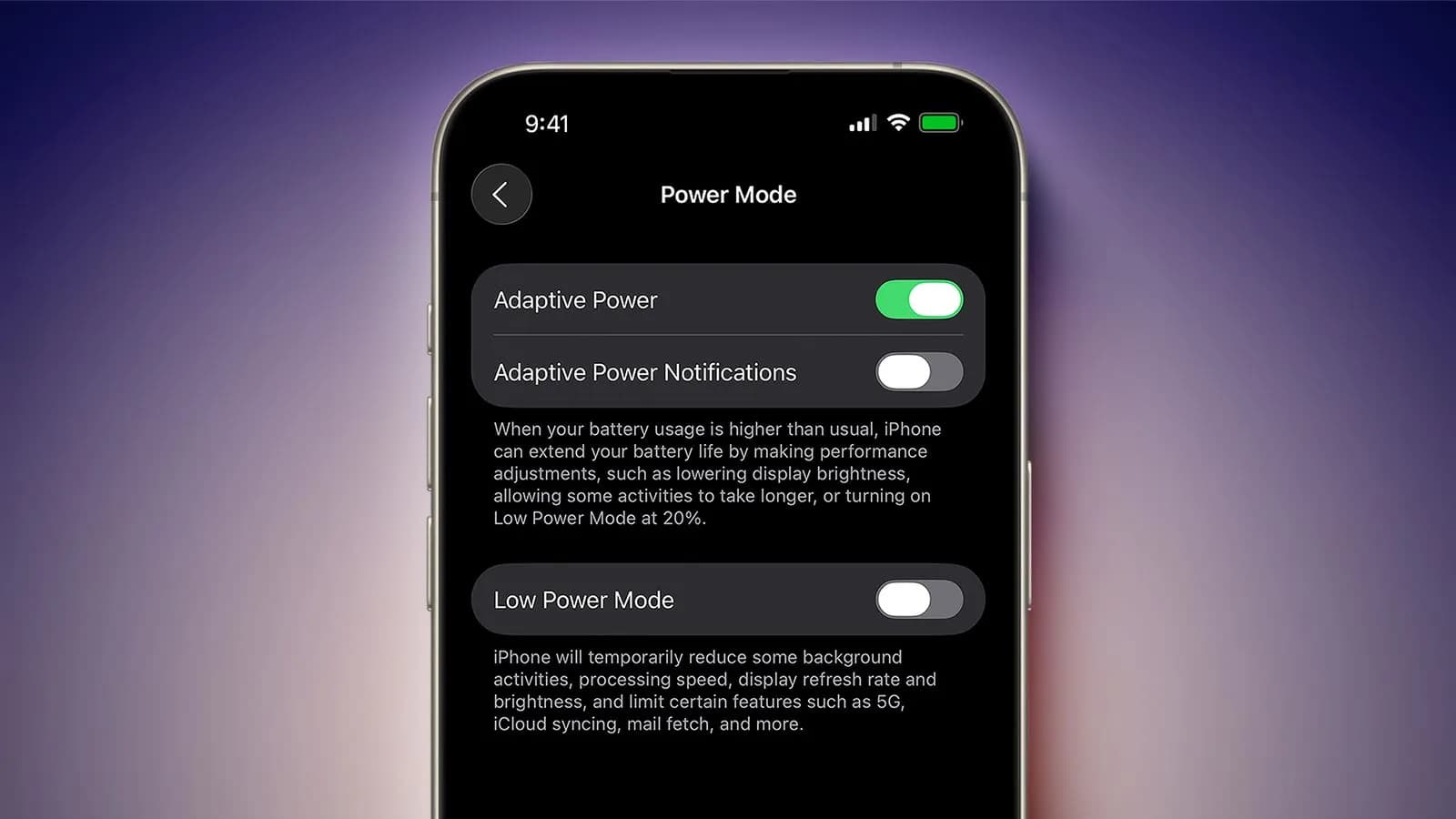 اعلانهای Adaptive Power در iOS 26