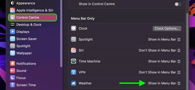 نمایش تنظیمات آب و هوا در نوار منوی macOS